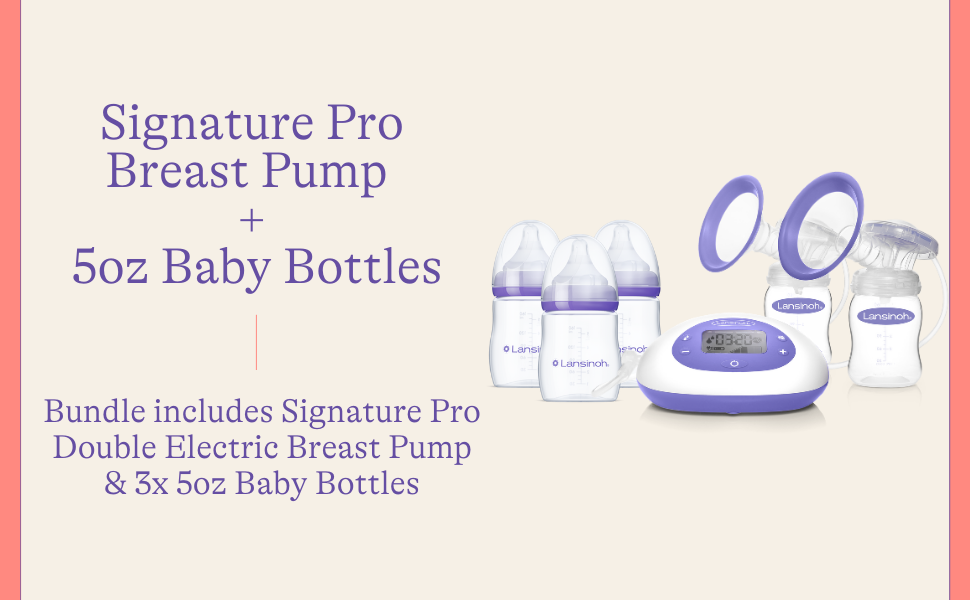Lansinoh Oh Baby Newborn Essentials Kit – Signature Pro Double Electric Breast Pump with 25mm Flanges, 2 Feeding Bottles + 3 Count 5 oz Anti-Colic Baby Bottles with Slow Flow Silicone Nipples