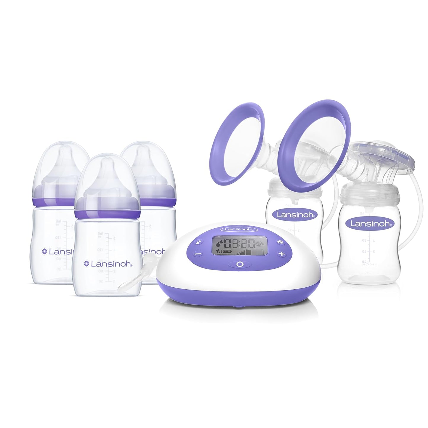 Lansinoh Oh Baby Newborn Essentials Kit – Signature Pro Double Electric Breast Pump with 25mm Flanges, 2 Feeding Bottles + 3 Count 5 oz Anti-Colic Baby Bottles with Slow Flow Silicone Nipples
