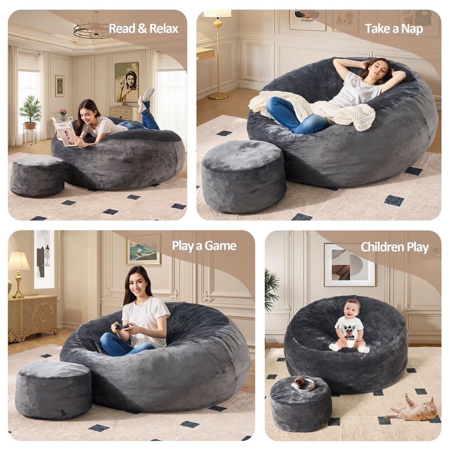 OVIOS Bean Bag Chair Removable Cover, High-Rebound Filling Cozy Furniture for Living Room, Bedroom