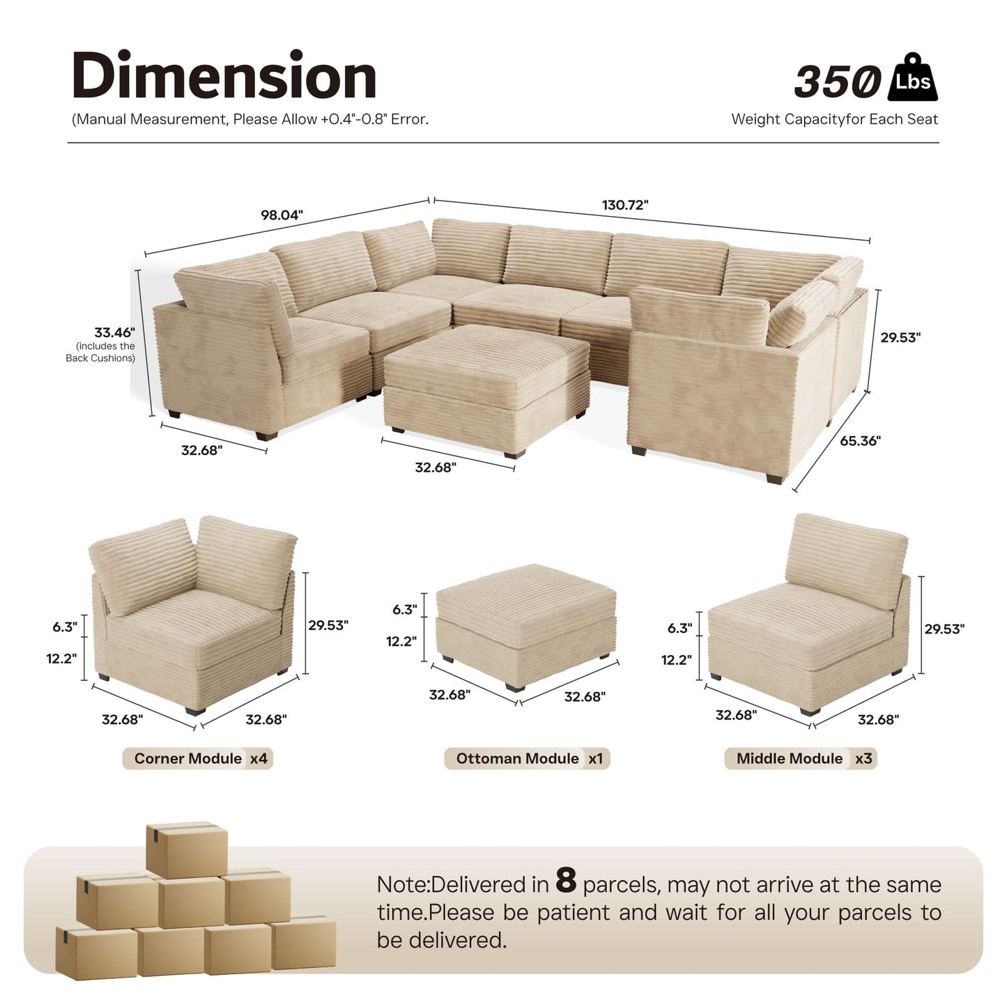OVIOS 130.7" Modular Sectional Sofa Couch, U-Shaped Minimalist Couches with Sofa Bed Chaise