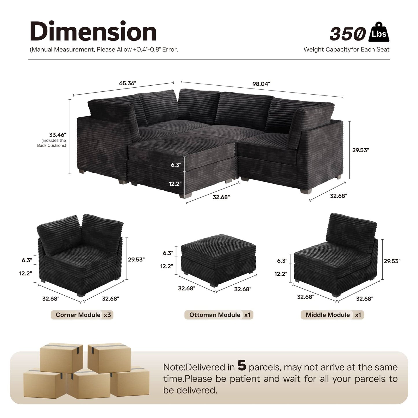 OVIOS 98" Modular Sectional Sofa Couch, L-Shaped Minimalist Couches with Sofa Bed Chaise