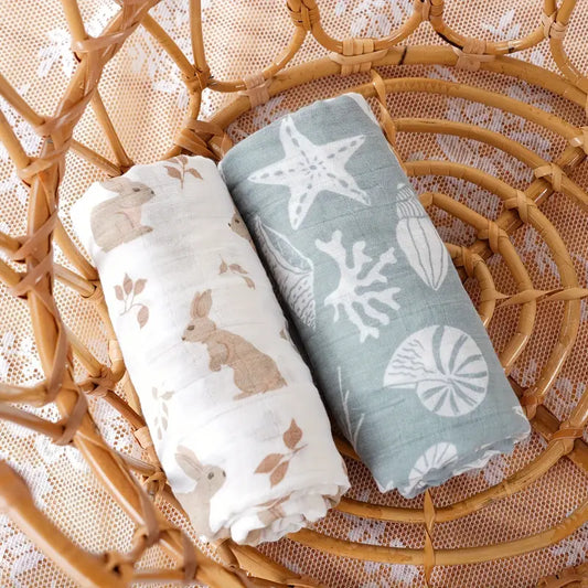 2-Pack Silky-Soft Bamboo Muslin Swaddles - Meadow & Sea (Large)
