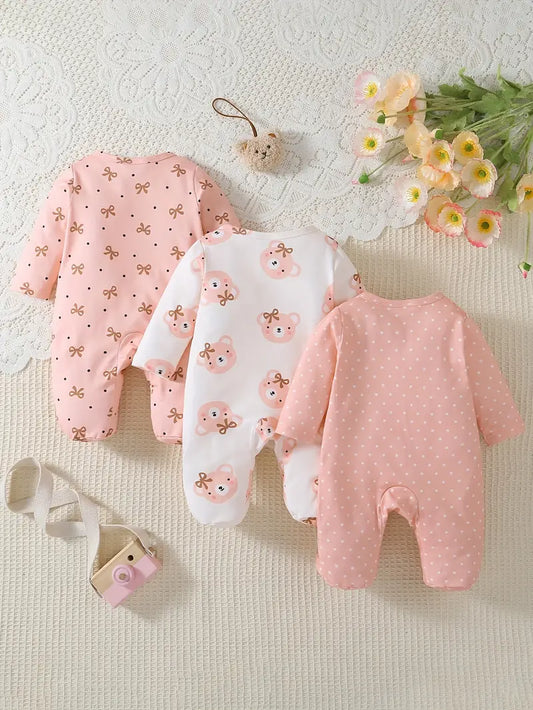 3PC Baby Girls Romper Set - Bears & Bows