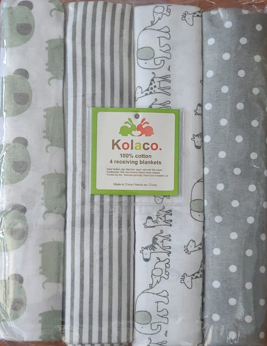 4 Pcs Cotton Baby Receiving Blanket - Grey Animals